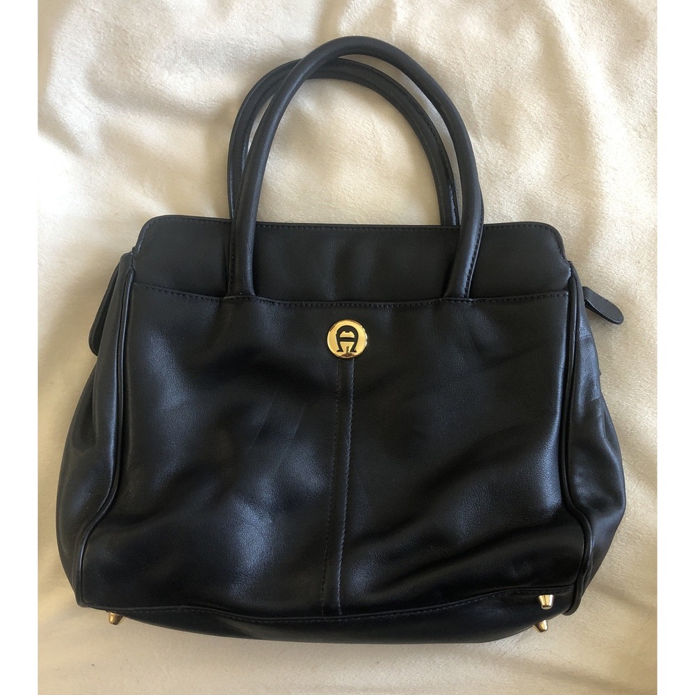 Etienne Aigner Black Satchel/Top Handle Bag Gold Hardware Zip Closure Pockets